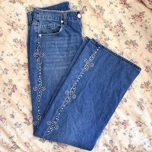 Elegant Blue Women's Flare Jeans with Embellishments